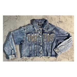 Thrill Jeans Women's Acid Wash Cropped Denim Jacket Rhinestone Fringe Blue L